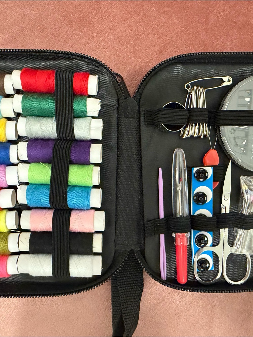 Portable Black Sewing Kit with Multicolor Thread Set